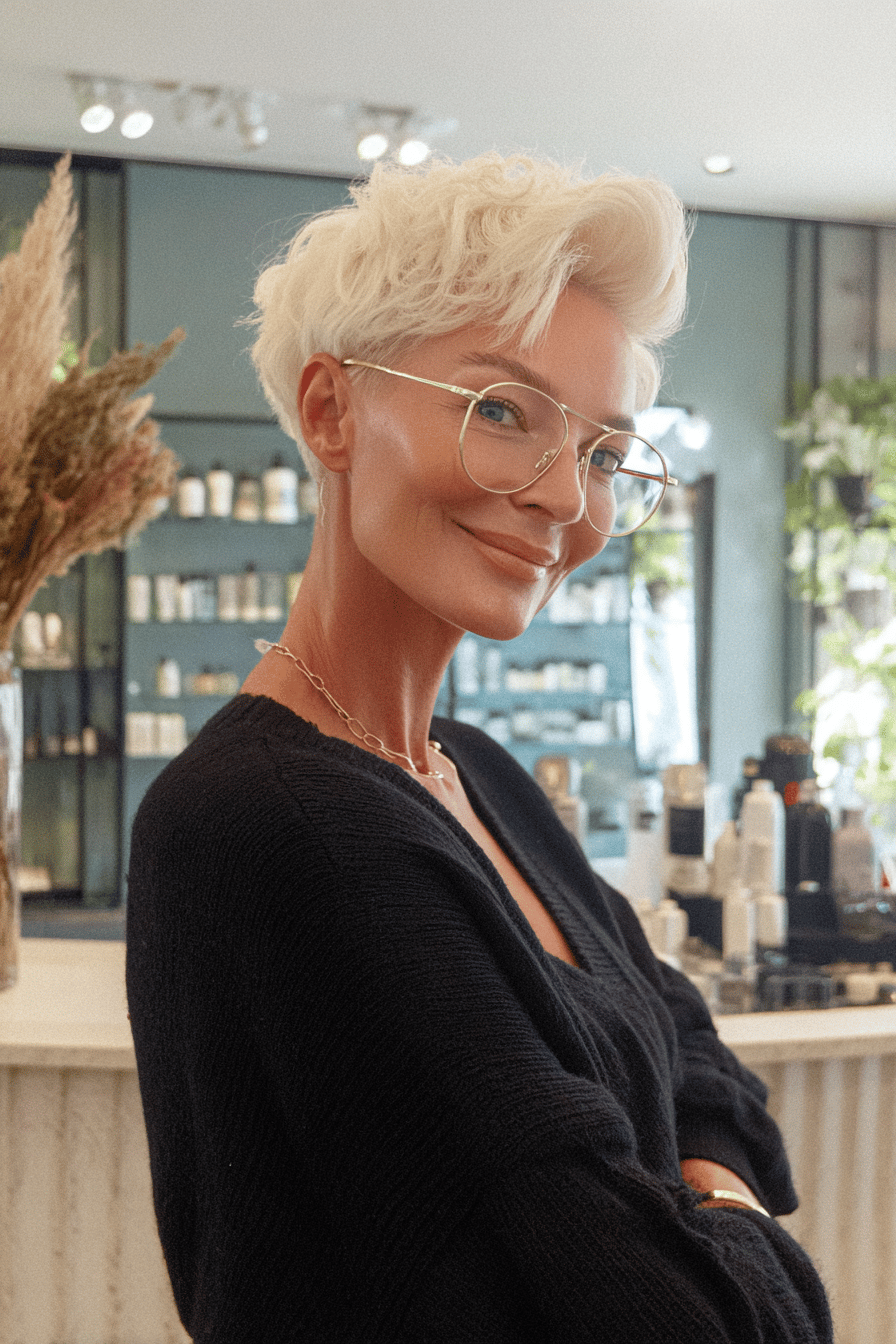 Frau mit kurzem, weißem Haar und Brille in einem Salon.