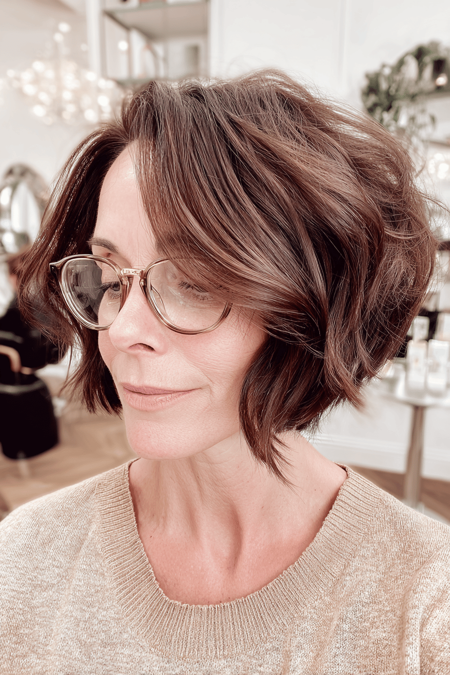 Frau mit einem abgestuften Bob und Brille im Salon.