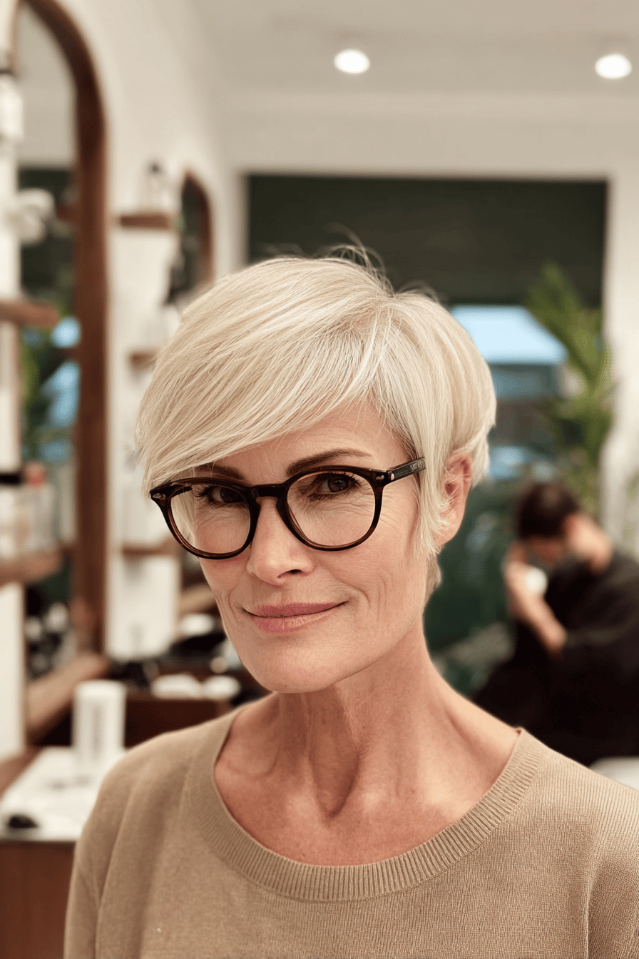 Dame mit kurzer, weißer Frisur und Brille in einem Friseursalon.