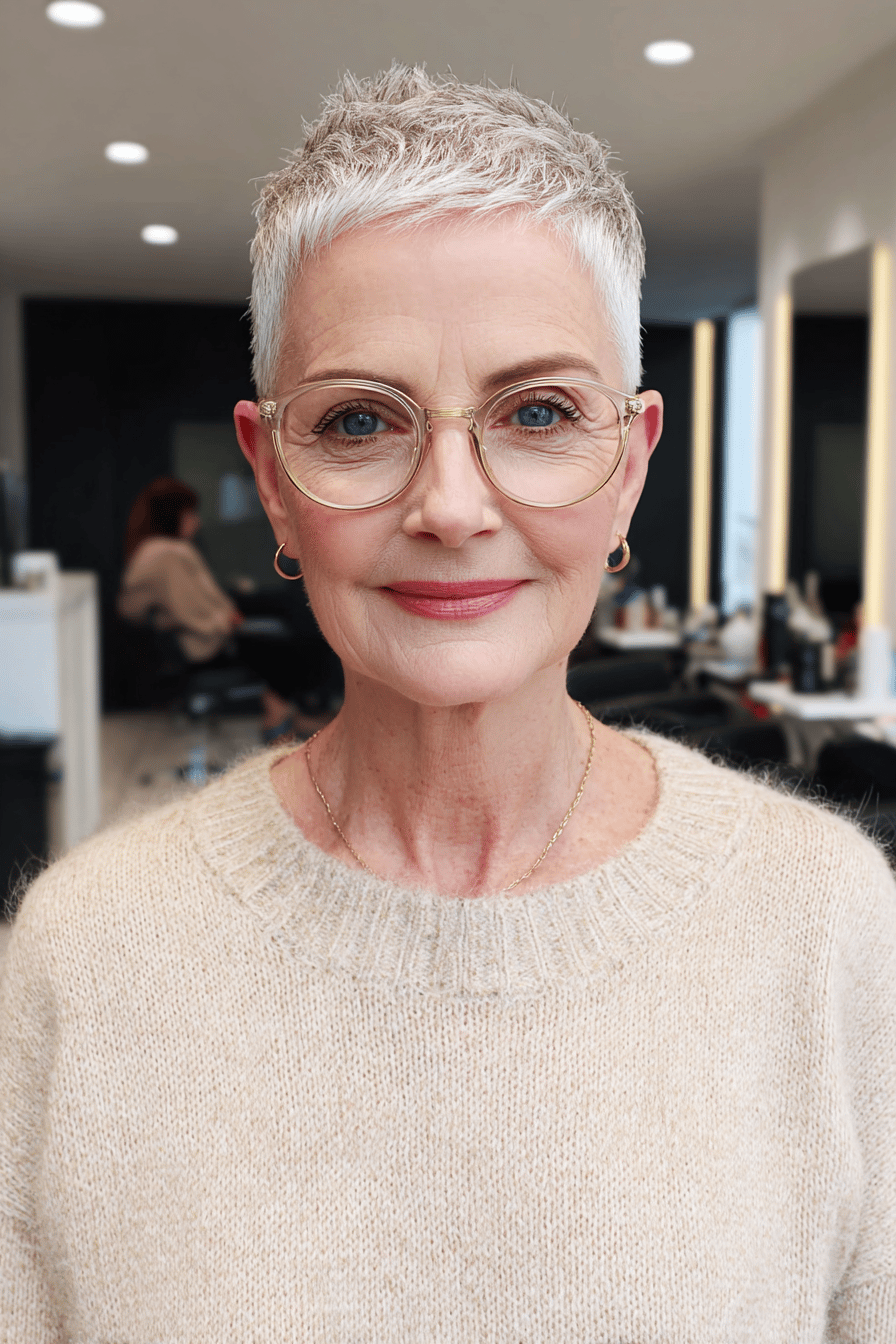 Frau mit grauen kurzen Haaren und Brille in einem Friseursalon.