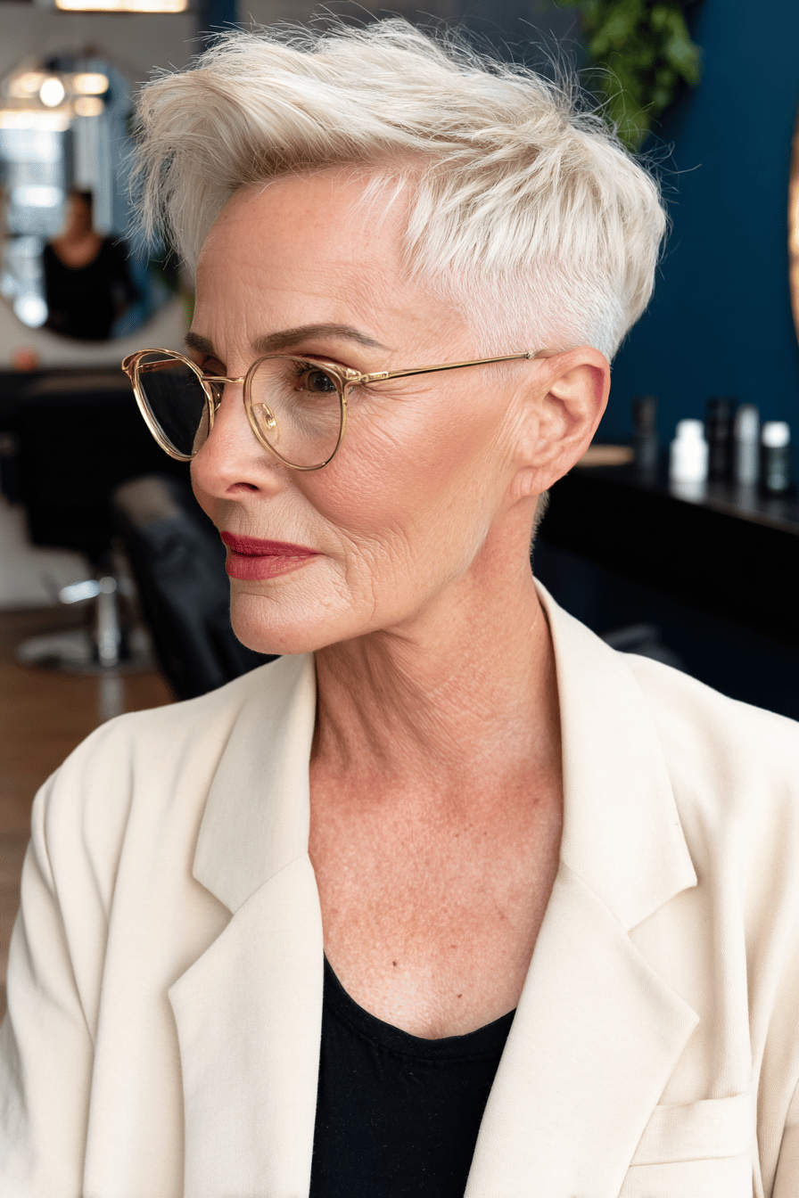 Eine ältere Frau mit blondem, kurz geschnittenem Haar und einer Brille in einem Friseursalon.