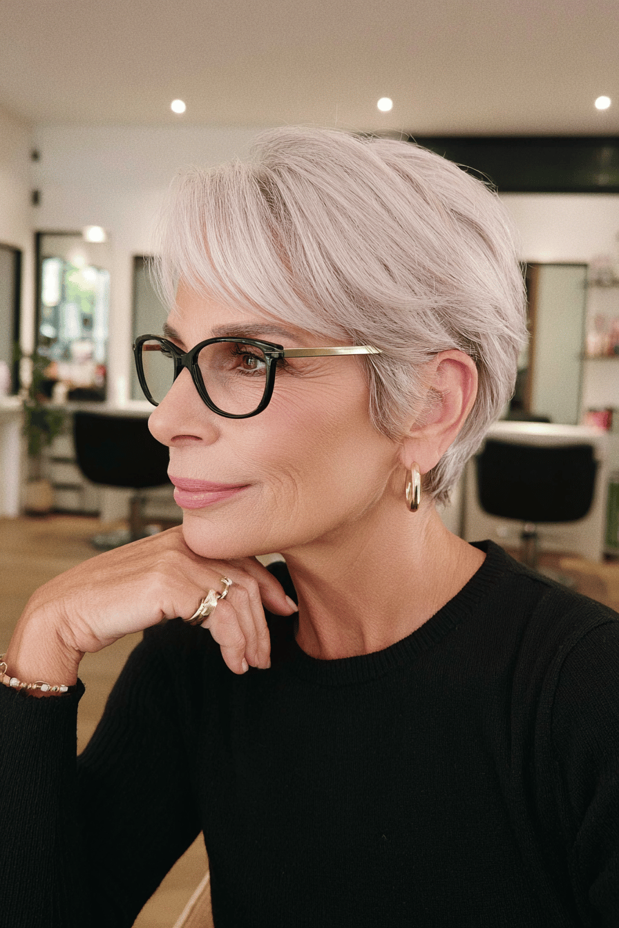 Frau über 50 mit Brille und stilvollem Kurzhaarschnitt im Profil.