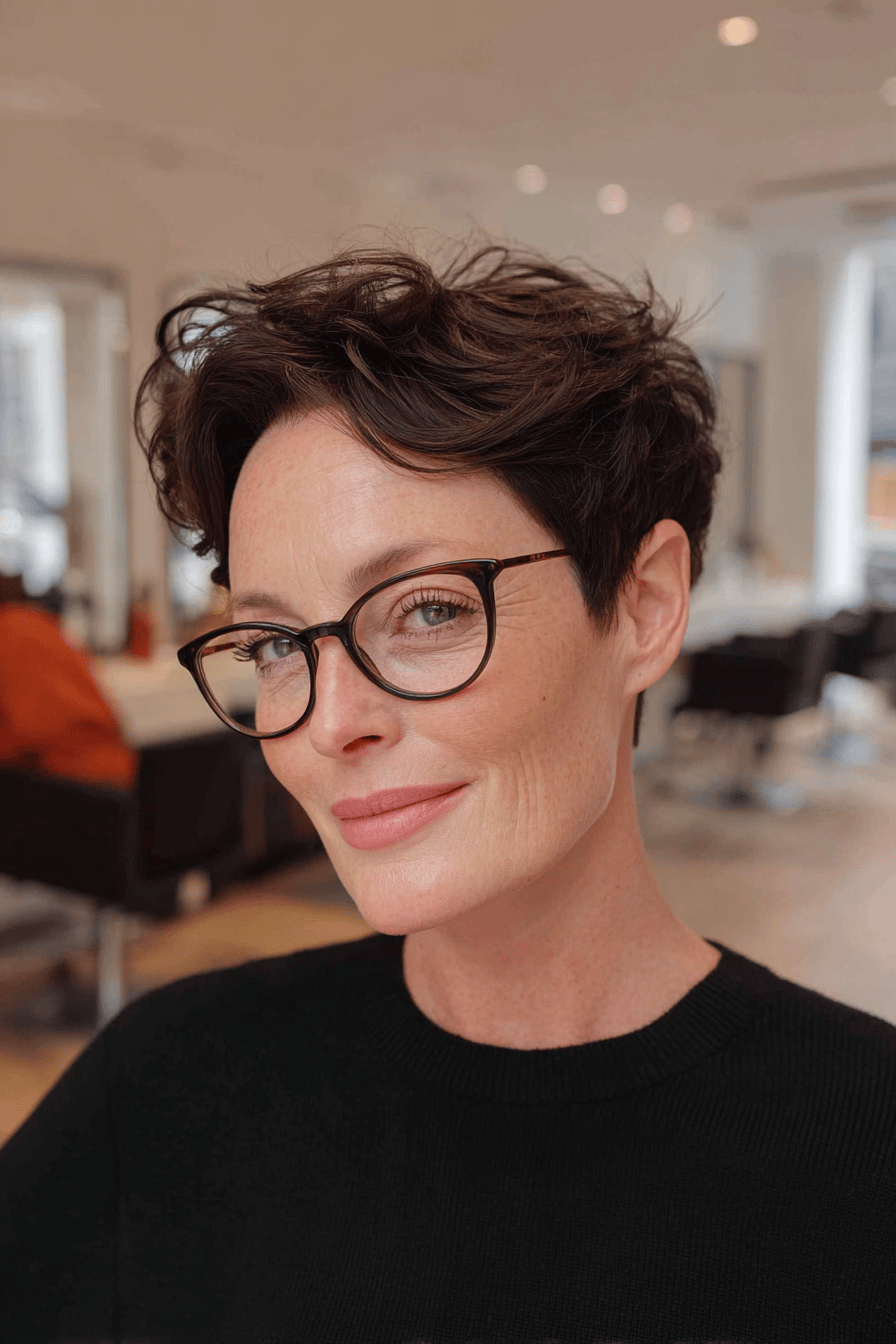 Frau mit kurzem, lockigem Haar und Brille in einem Friseursalon.