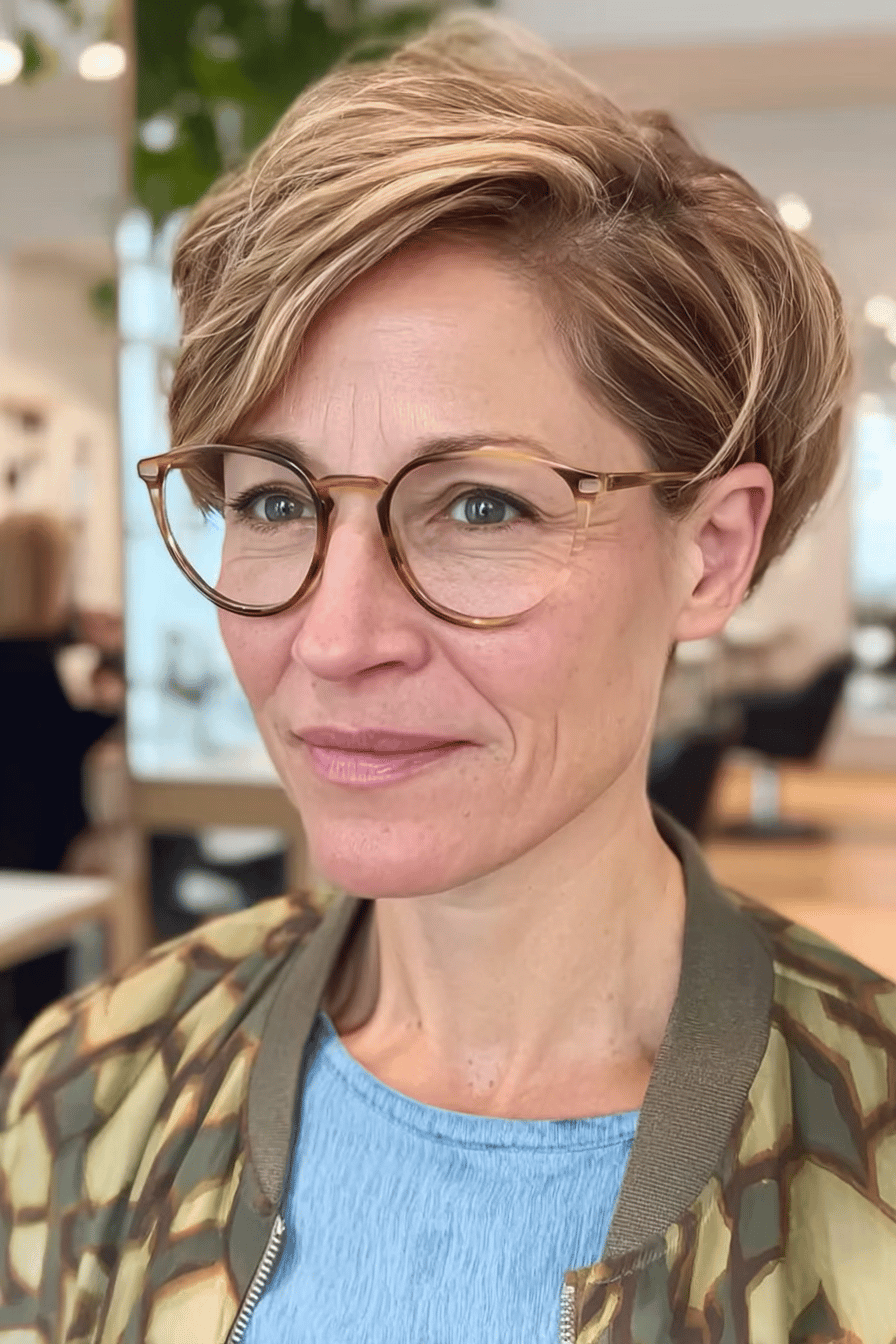 Frau mit moderner kurzer Frisur und Brille im Friseursalon.