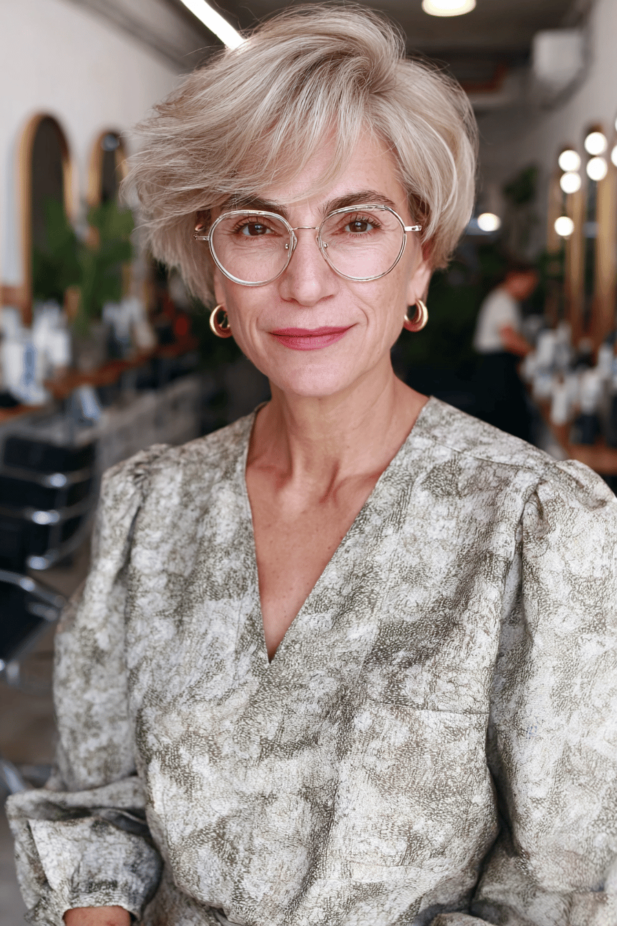 Eine Frau über 50 mit modischem Kurzhaarschnitt und Brille in einem stilvollen Outfit.