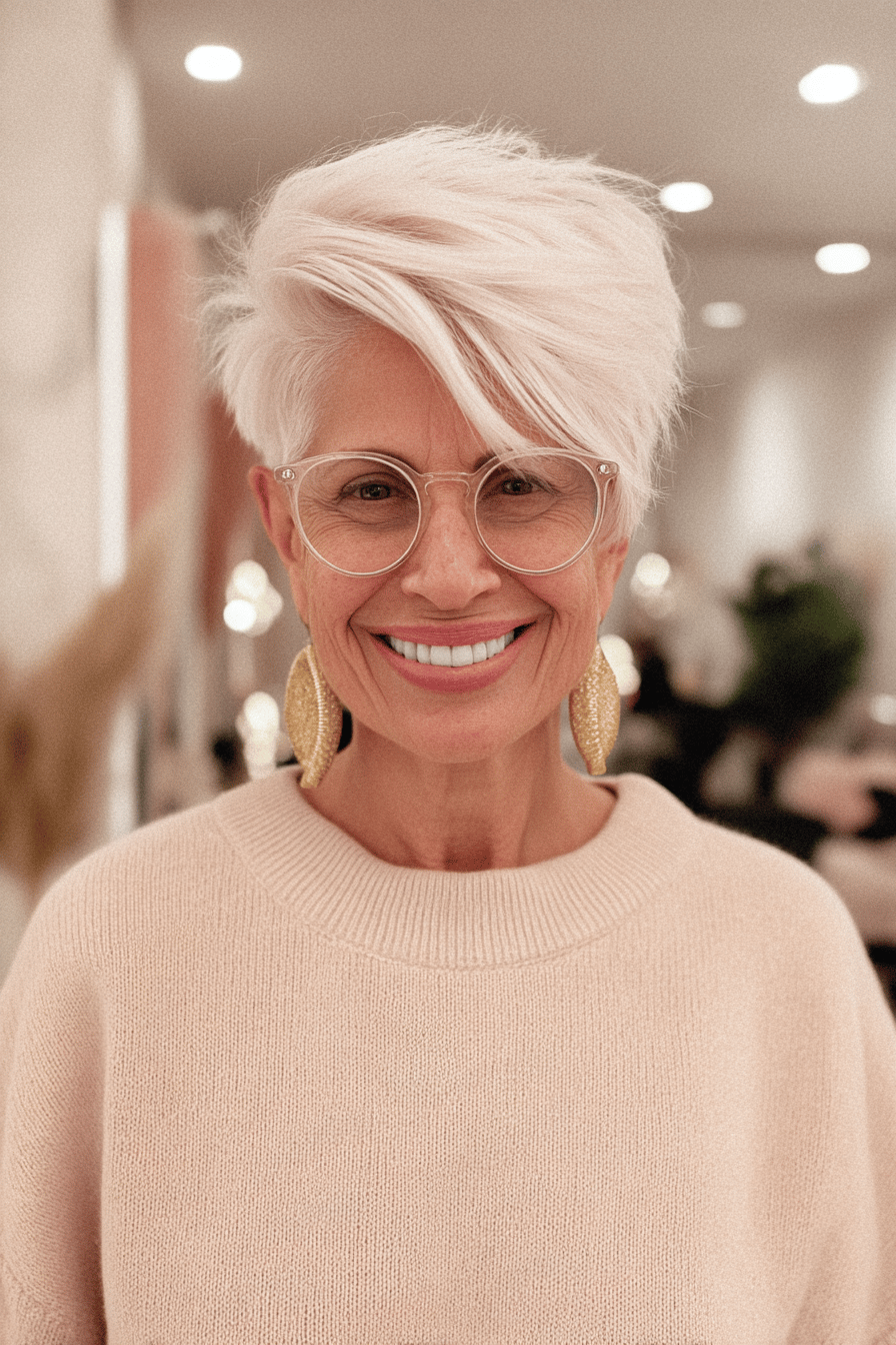 Frau über 50 mit kurzen, weißen Haaren und Brille, trägt einen beigefarbenen Pullover.