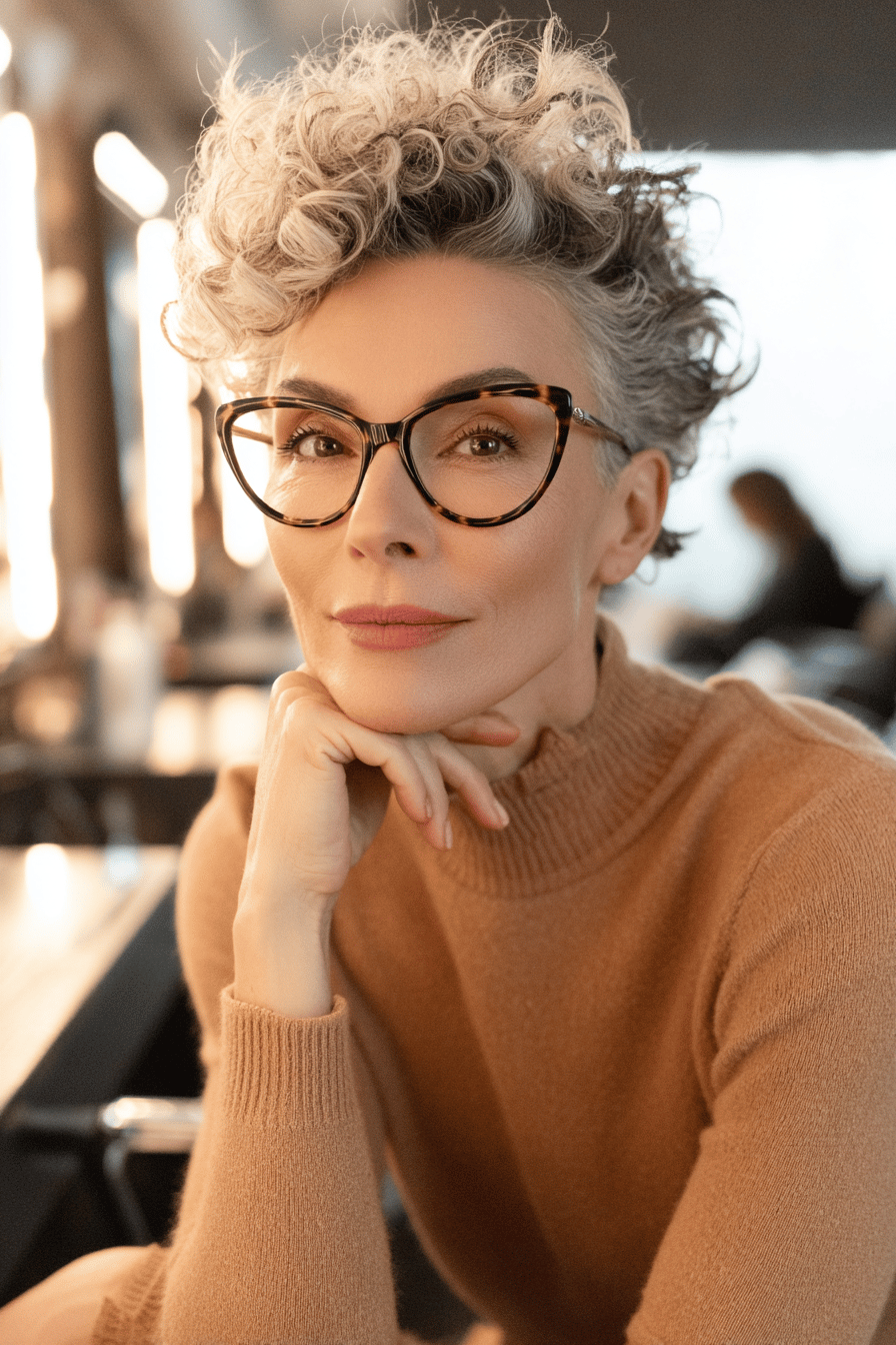 Ältere Frau mit verspielten Locken und Brille.