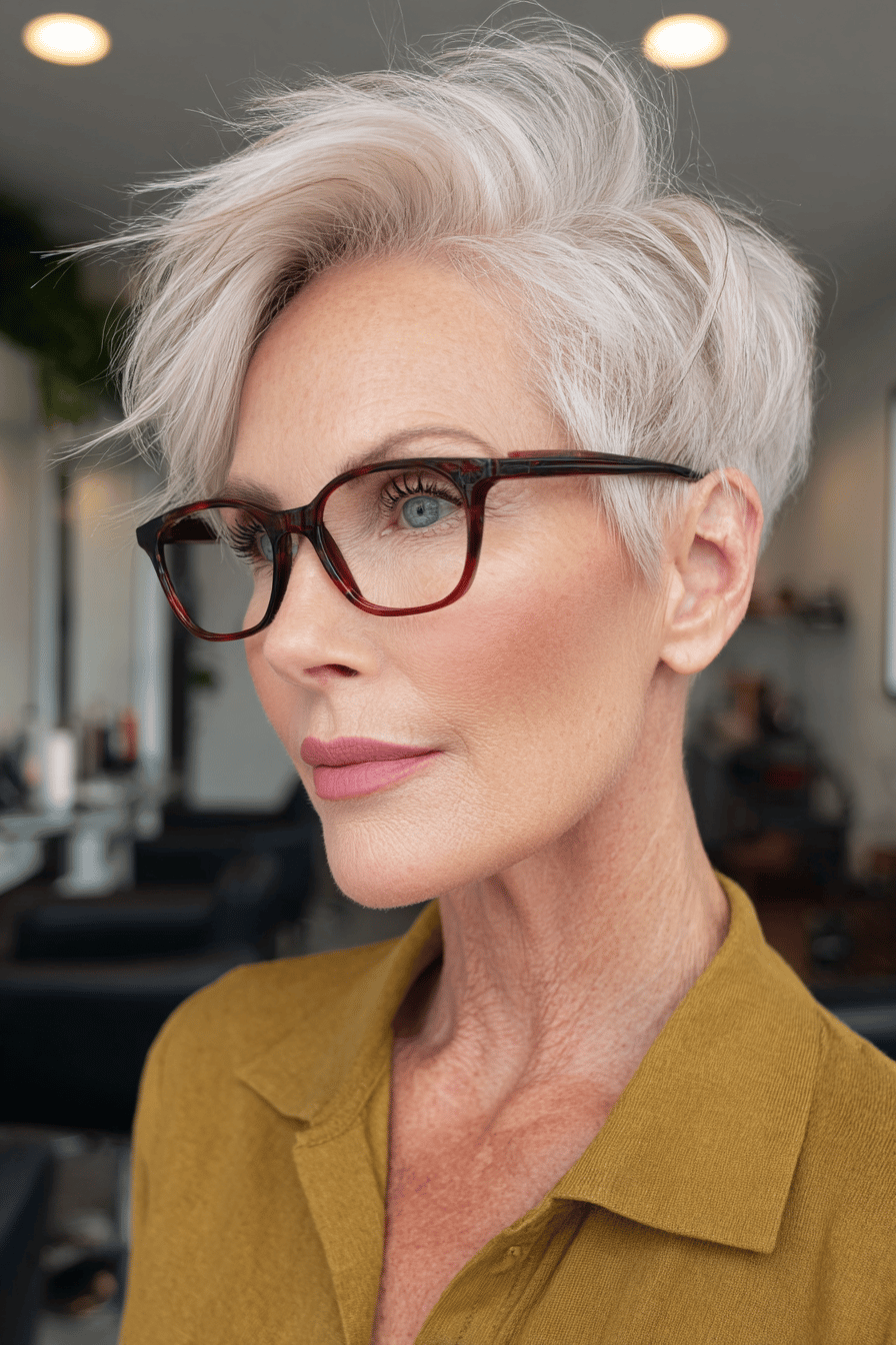 Eine stilvolle Frau über 50 mit einem modernen Pixie Cut und Brille.