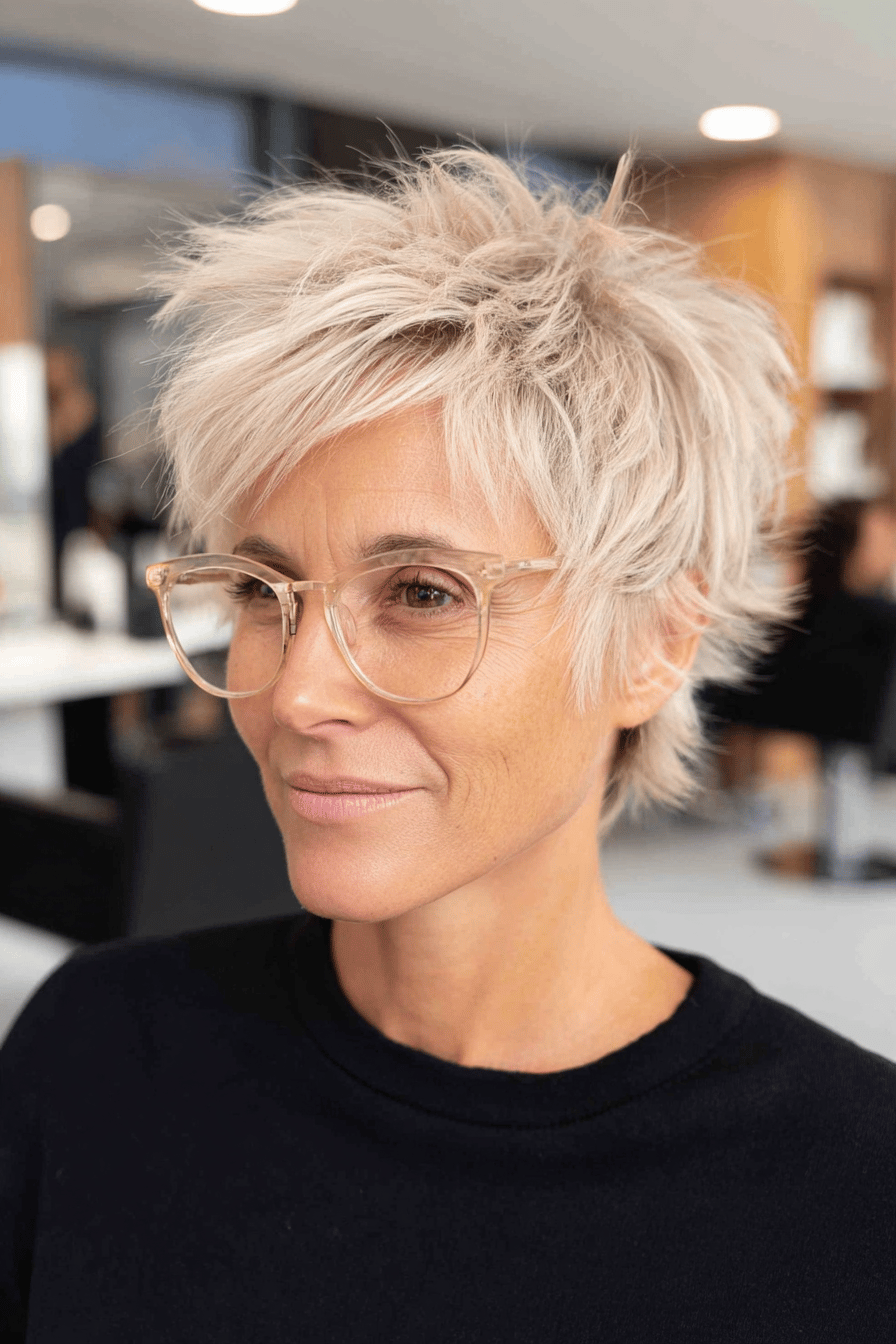 Frau mit unordentlichem Pixie-Schnitt und Brille