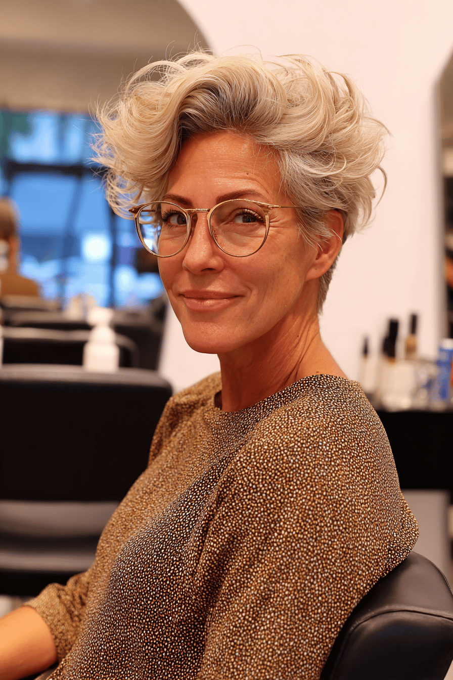 Eine lächelnde Frau mit voluminösem Kurzhaarschnitt und Brille sitzt im Frisörsalon.