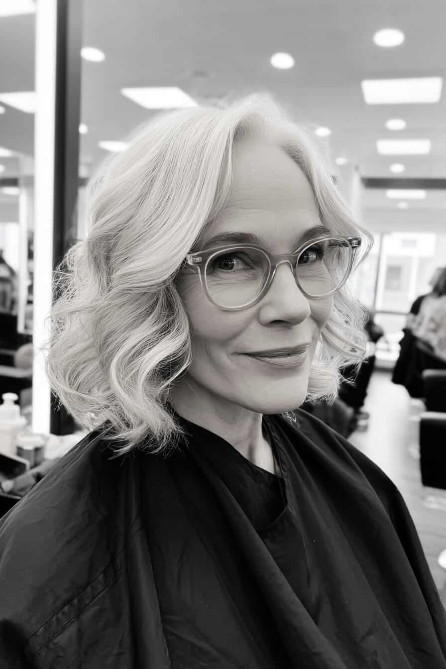 Eine ältere Frau mit welligen, kurzen Haaren und Brille im Friseursalon.