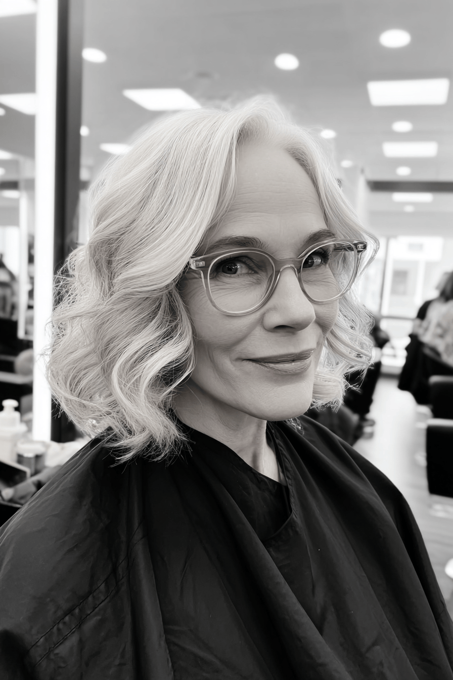 Eine ältere Frau mit welligen, kurzen Haaren und Brille im Friseursalon.