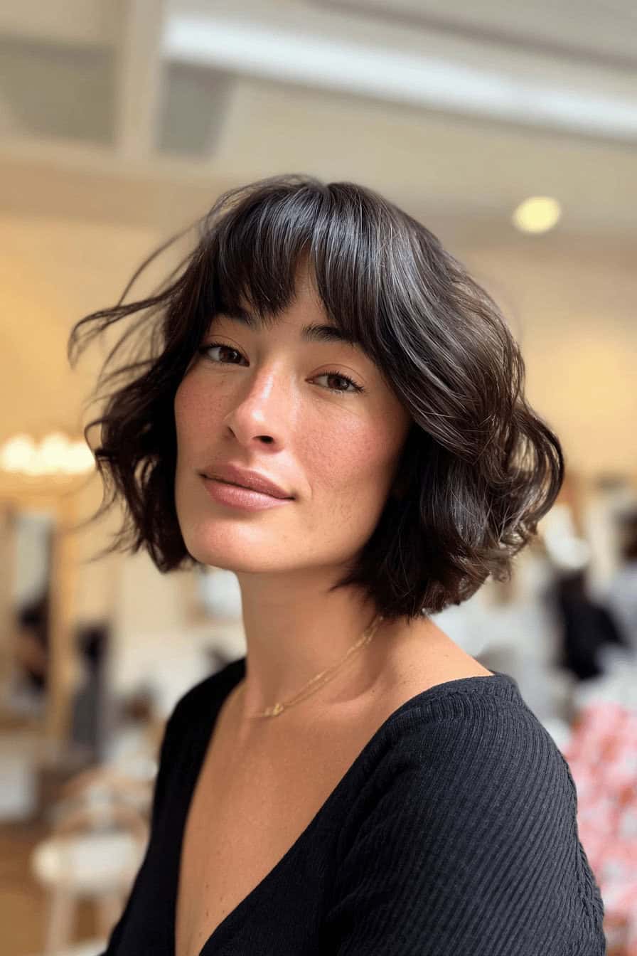 Frau mit einem asymmetrischen Bob und seitlichem Pony, die in die Kamera blickt.