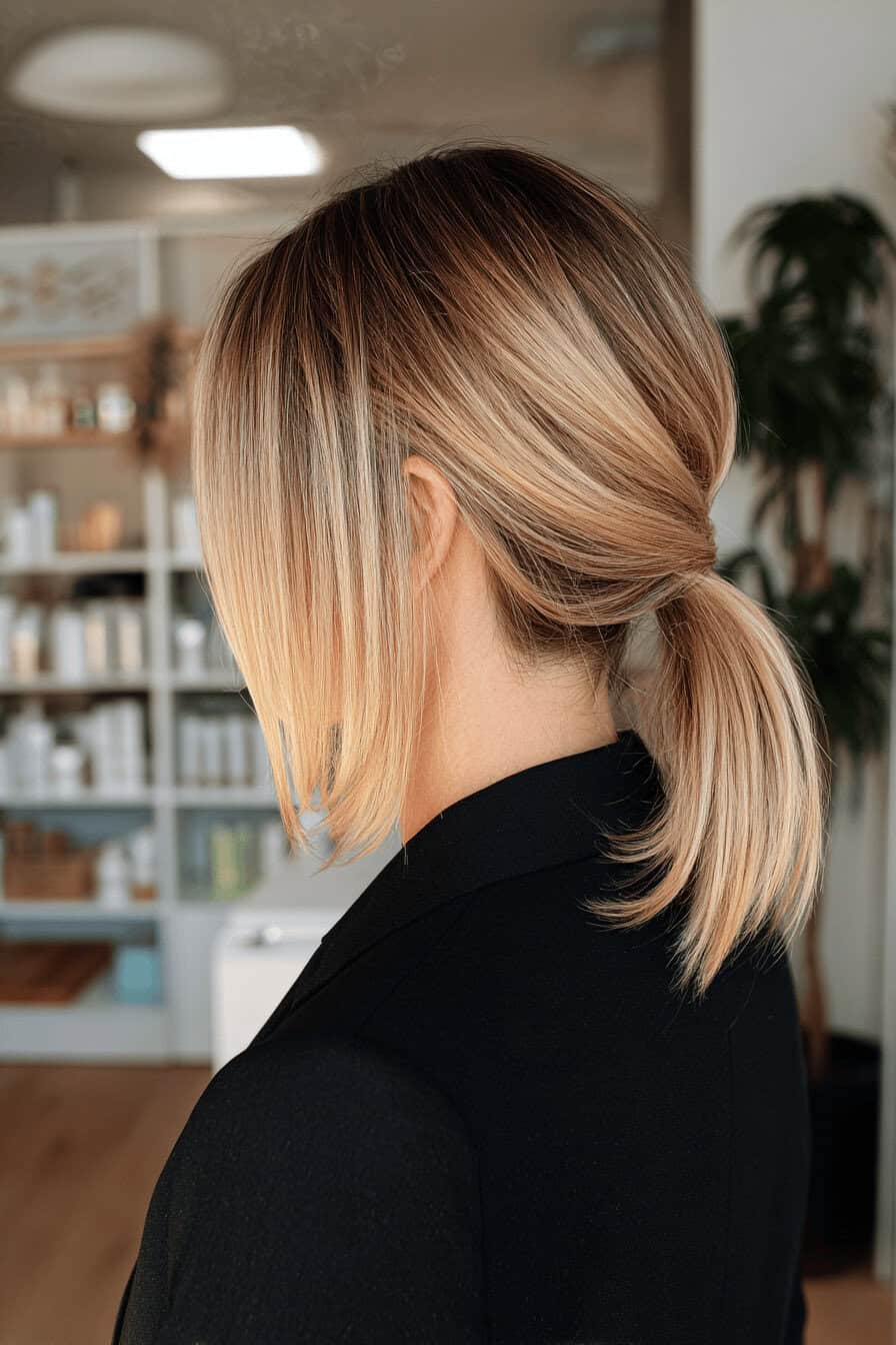 Seitenansicht einer Person mit glattem Baby Pony und niedrigen Pferdeschwanz.