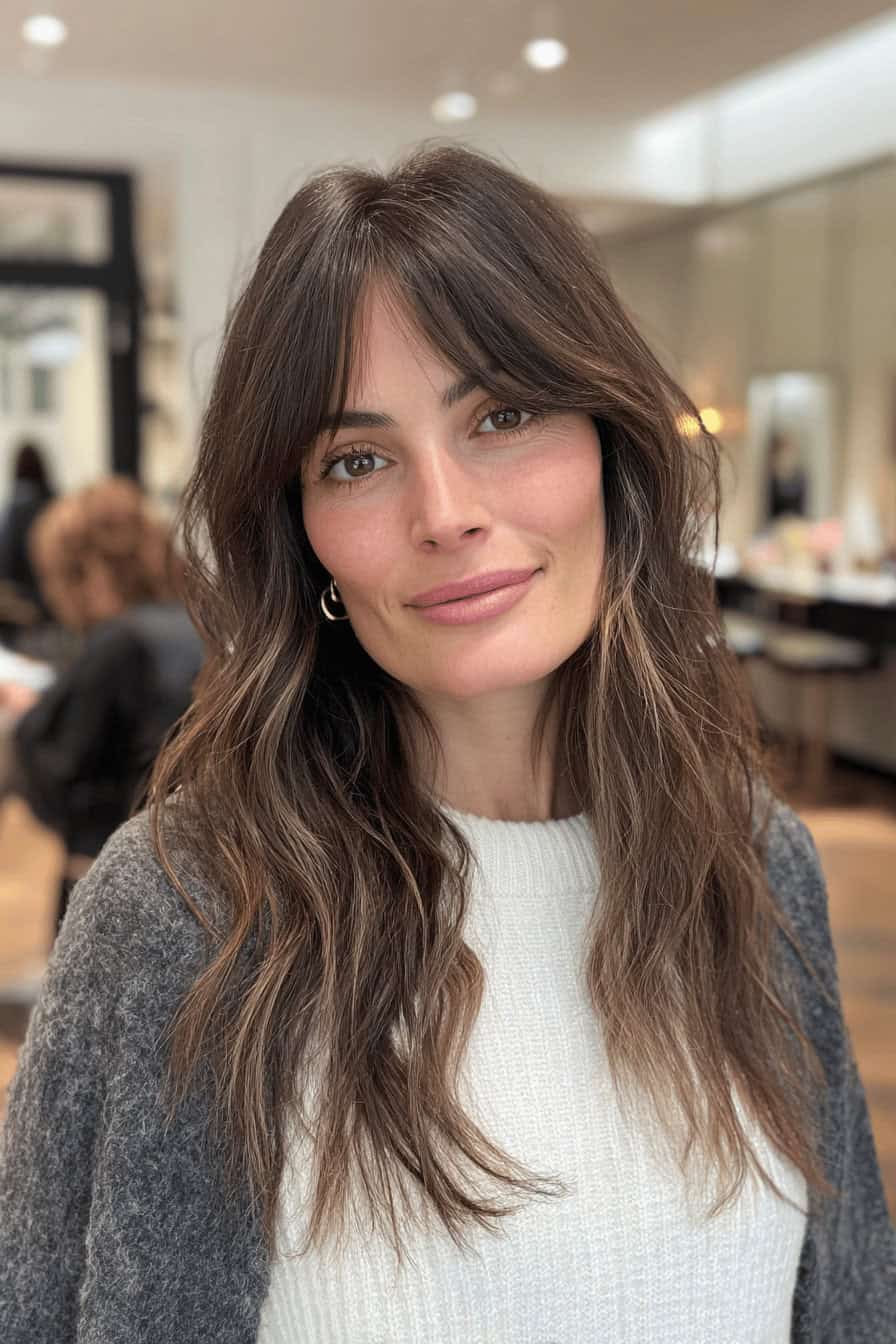 Frau mit langen, welligen Haaren und Pony, die frontal in die Kamera schaut.