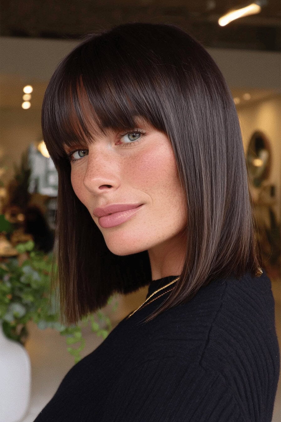 Frau mit Blunt Cut und geradem Pony, im Profil aufgenommen.