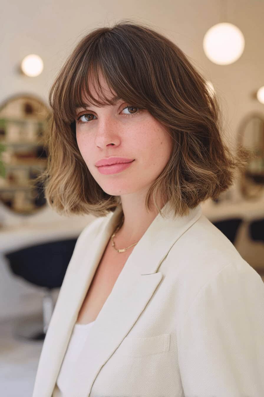 Frau mit einem Bob-Haarschnitt mit Fransenpony in einem Salon.