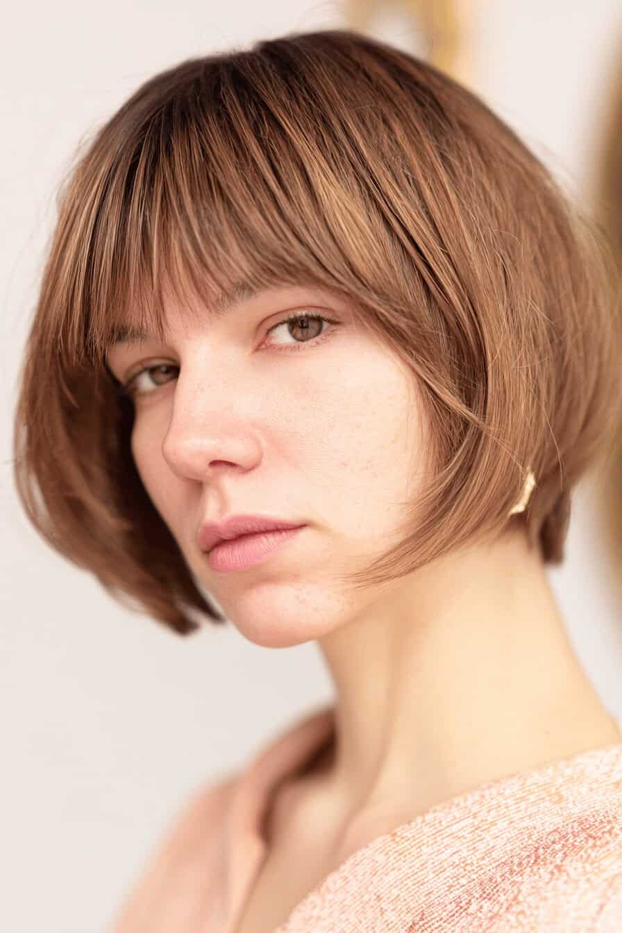 Nahaufnahme einer Person mit blondem, kinnlangem Bob und Pony.