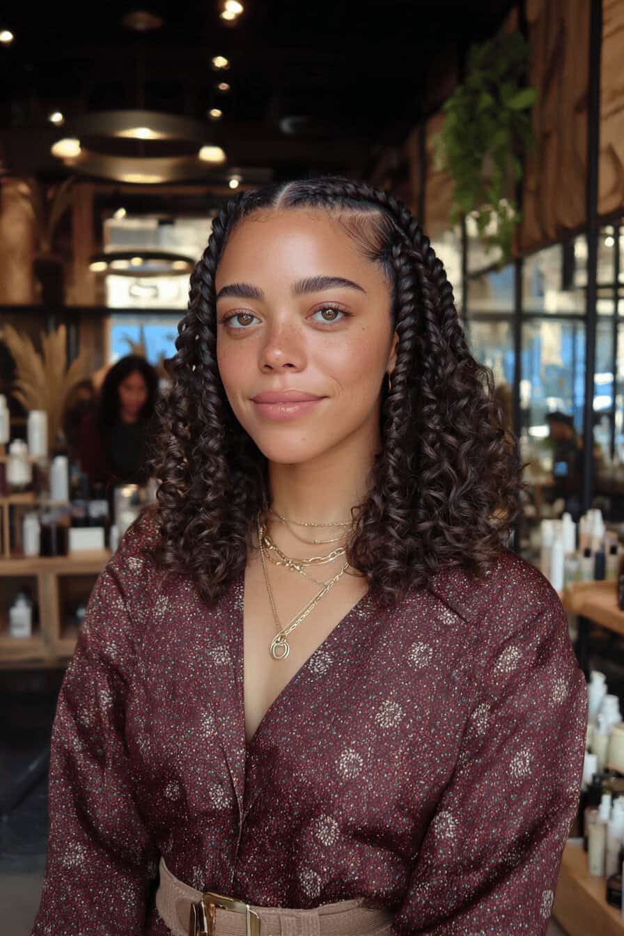 Frau mit Boho Braids und Mittelscheitel in einem eleganten Outfit.