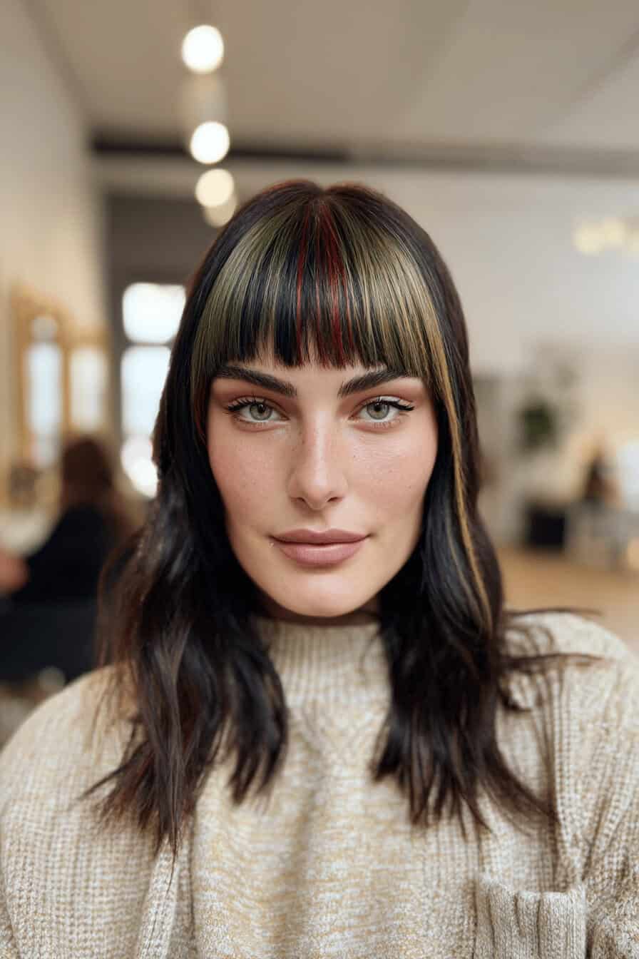 Frau mit mehrfarbig gestreiftem Pony und mittellangem Haar.