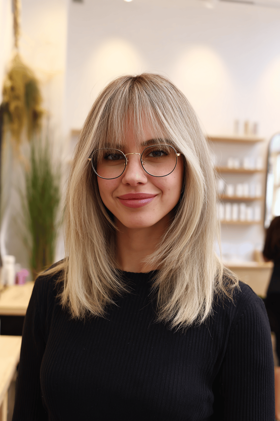 Person mit Curtain Bangs und runder Metallbrille