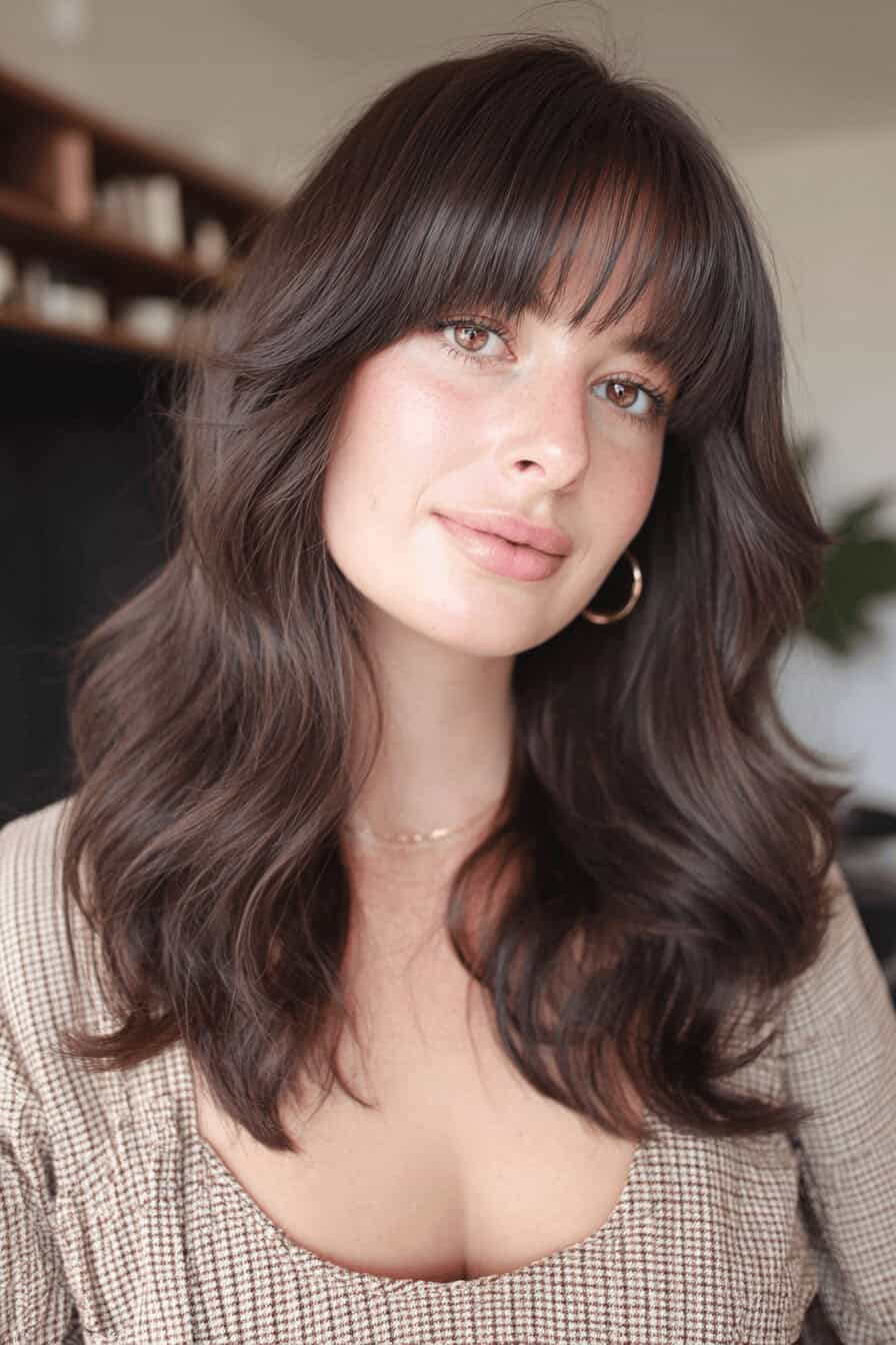 Frau mit dunklem Pony und farbigen Akzenten im Haar