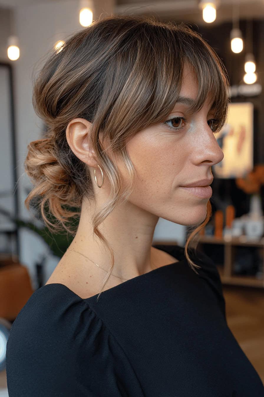 Seitenansicht einer Frau mit elegantem Hochsteckfrisur und Micro Pony, umgeben von warmem Licht.