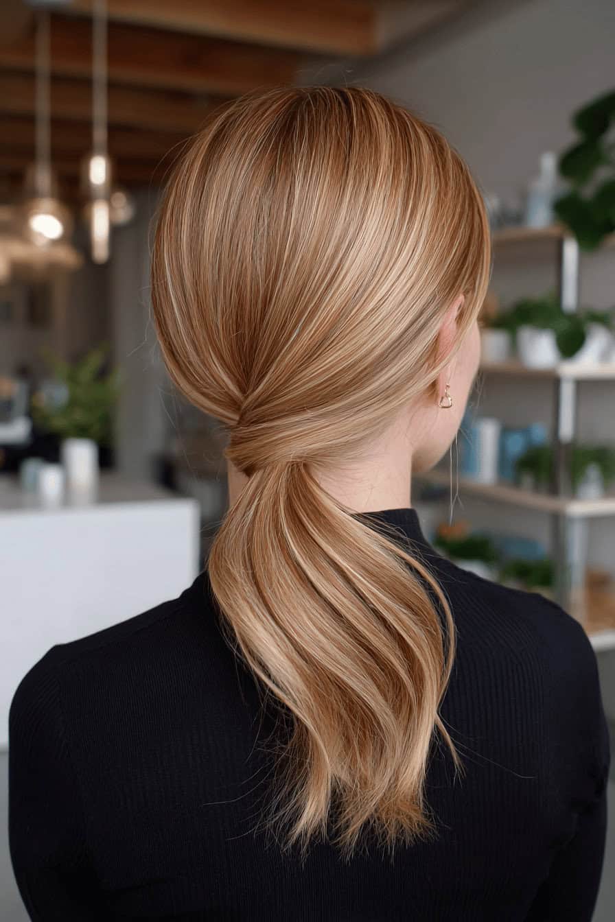 Rückansicht einer Frau mit elegantem, glattem Zopf und weichem Blunt Pony.