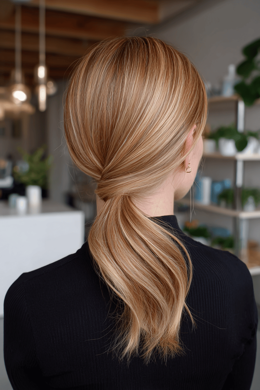 Rückansicht einer Frau mit elegantem, glattem Zopf und weichem Blunt Pony.