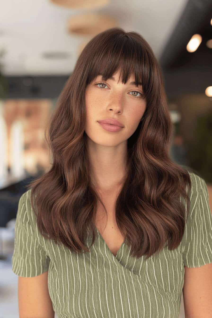 Frau mit braunem, welligem Haar und Pony in einem Salon.
