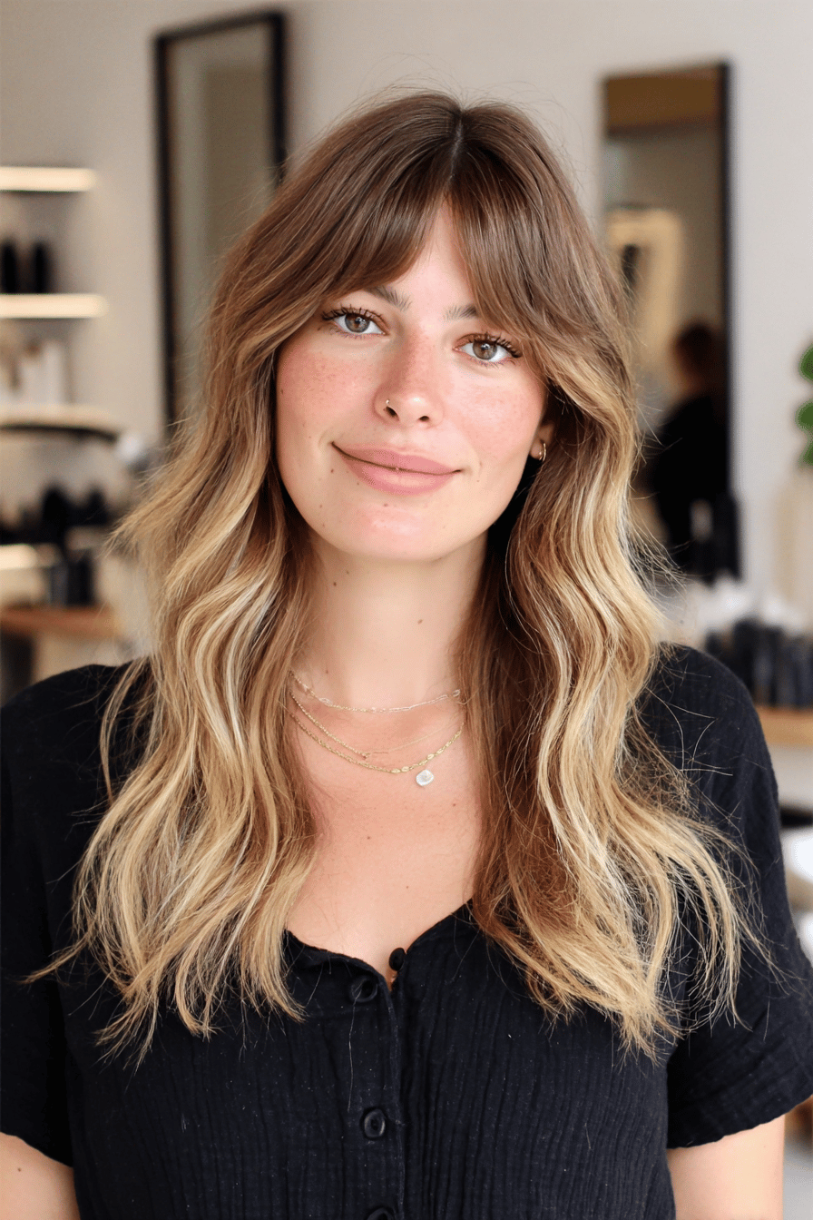 Frau mit Mittelscheitel und gewelltem Haar in einem Salon.