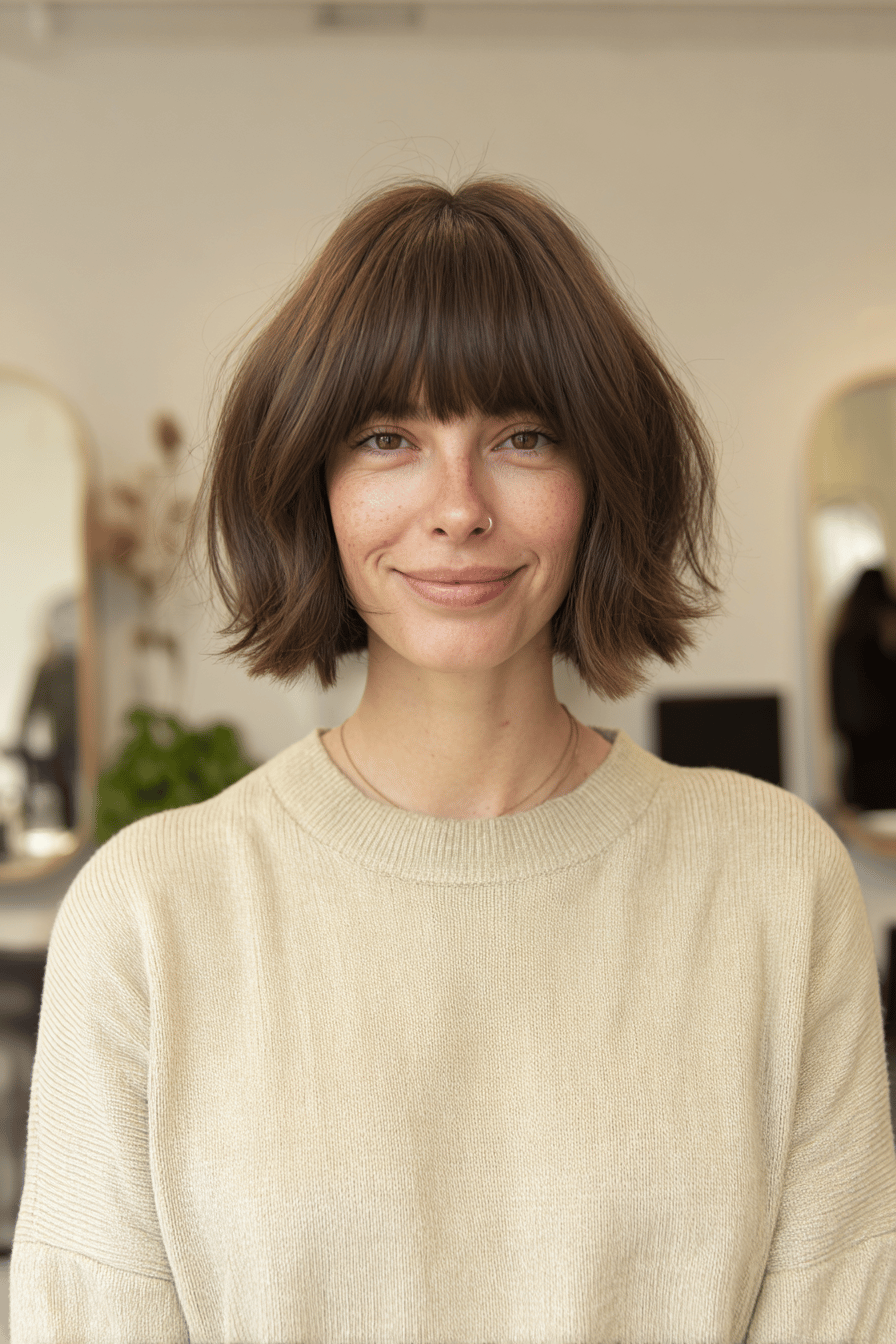 Junge Frau mit braunem Bob und vollem Pony im Salon.