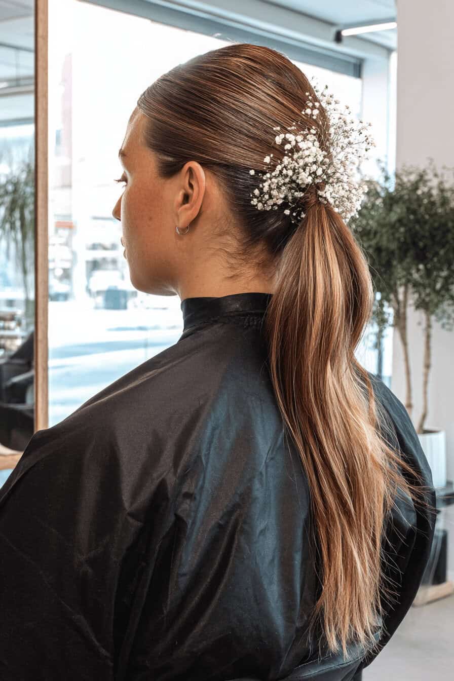 Eine Frisur mit tiefem Zopf und Blumenaccessoires im Haar.