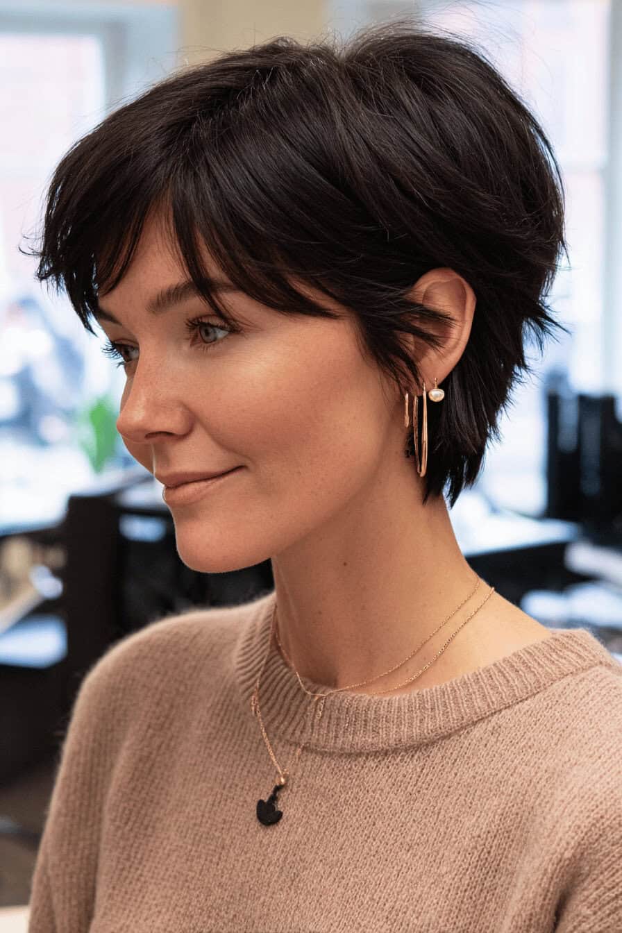 Profilansicht einer Frau mit kurzem, dunklem Grafikschnitt und Pony.