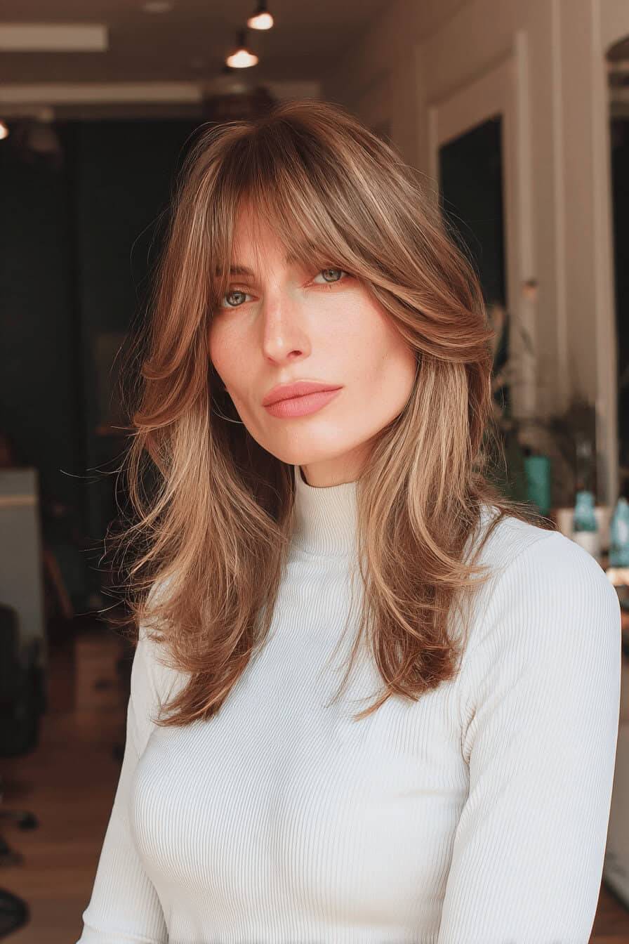 Frau mit mittellangem Haar und gescheiteltem Pony in einem Salon.