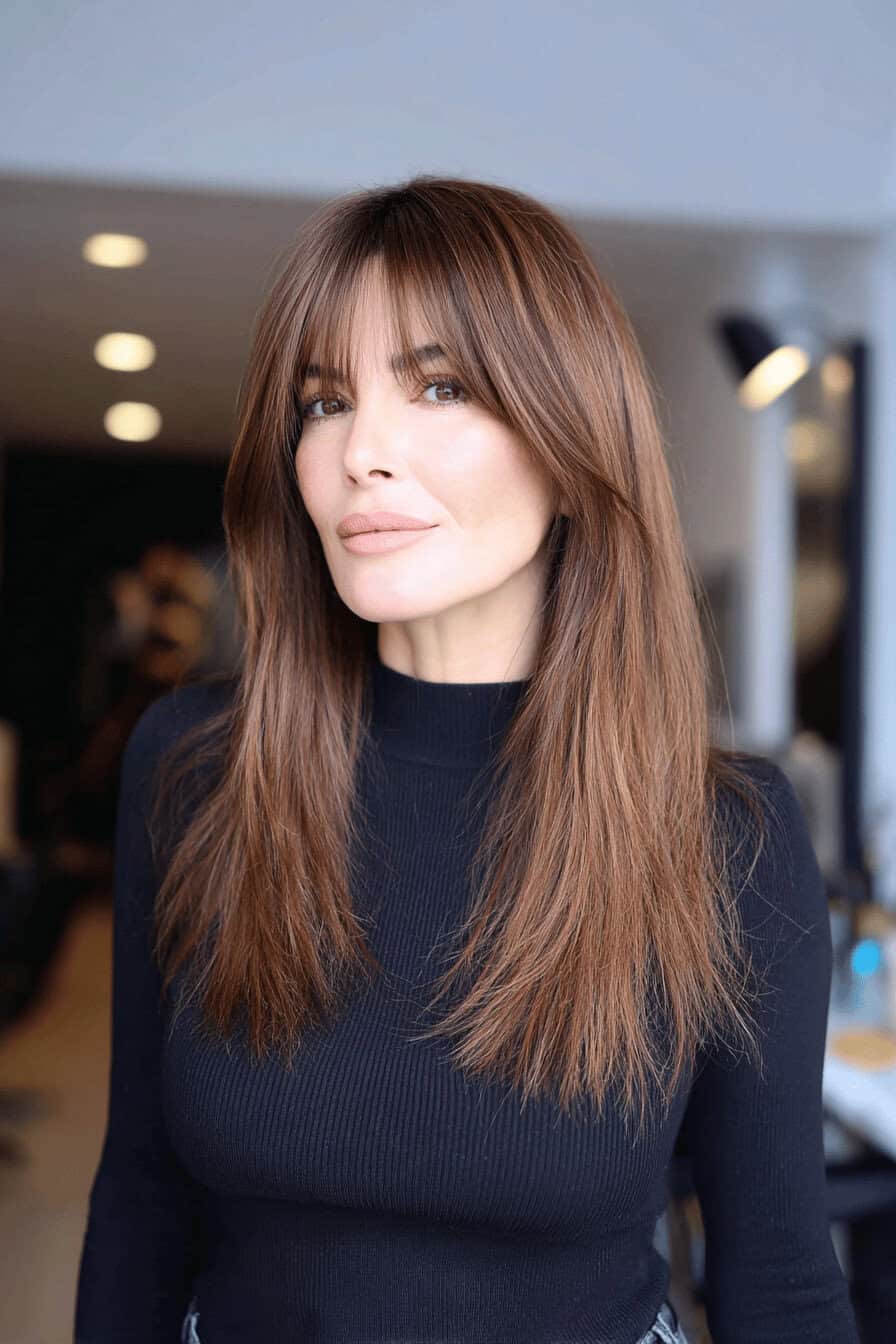 Frau mit langem braunen Haar und Pony trägt schwarzen Pullover.