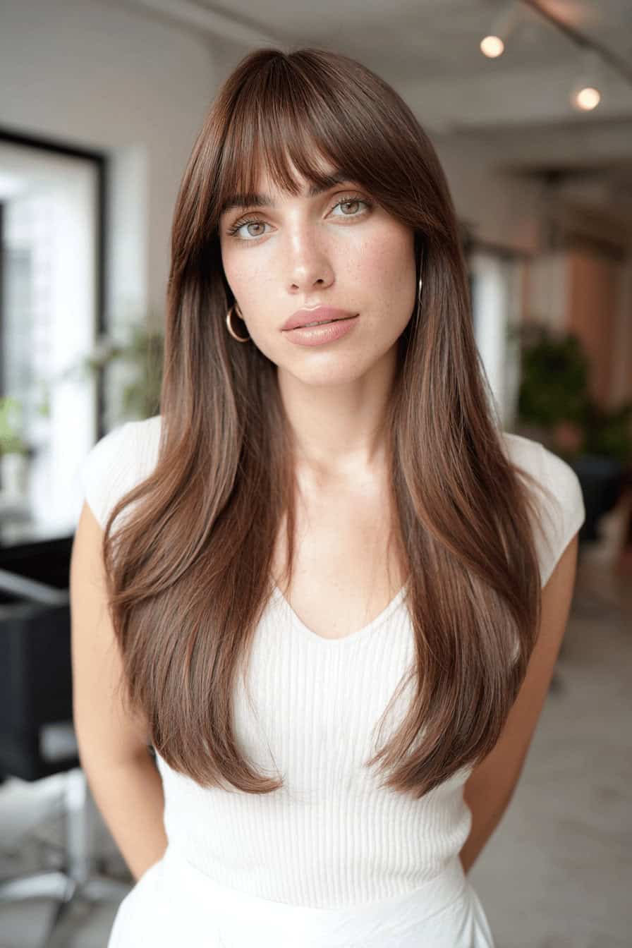 Frau mit glattem langem Haar und einem sanft fallenden Pony.