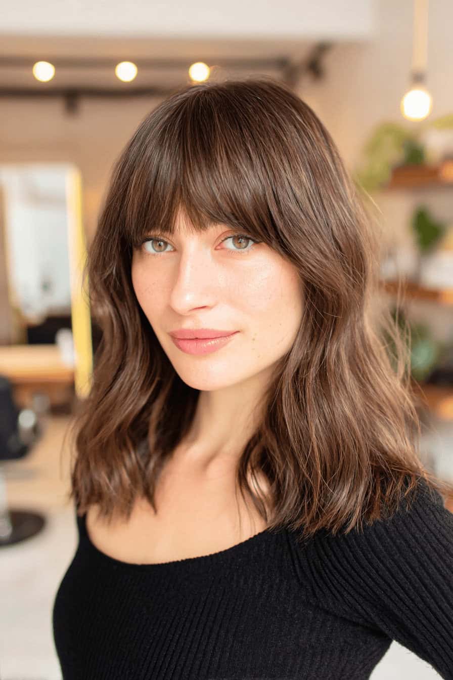 Frau mit mittellangem, glattem Haar und Pony vor unscharfem Hintergrund.