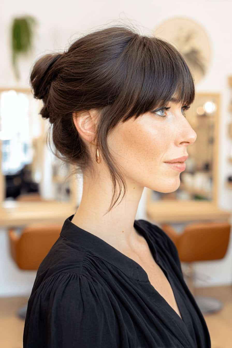Seitenansicht einer Frau mit Hochsteckfrisur und Pony in einem Friseursalon.