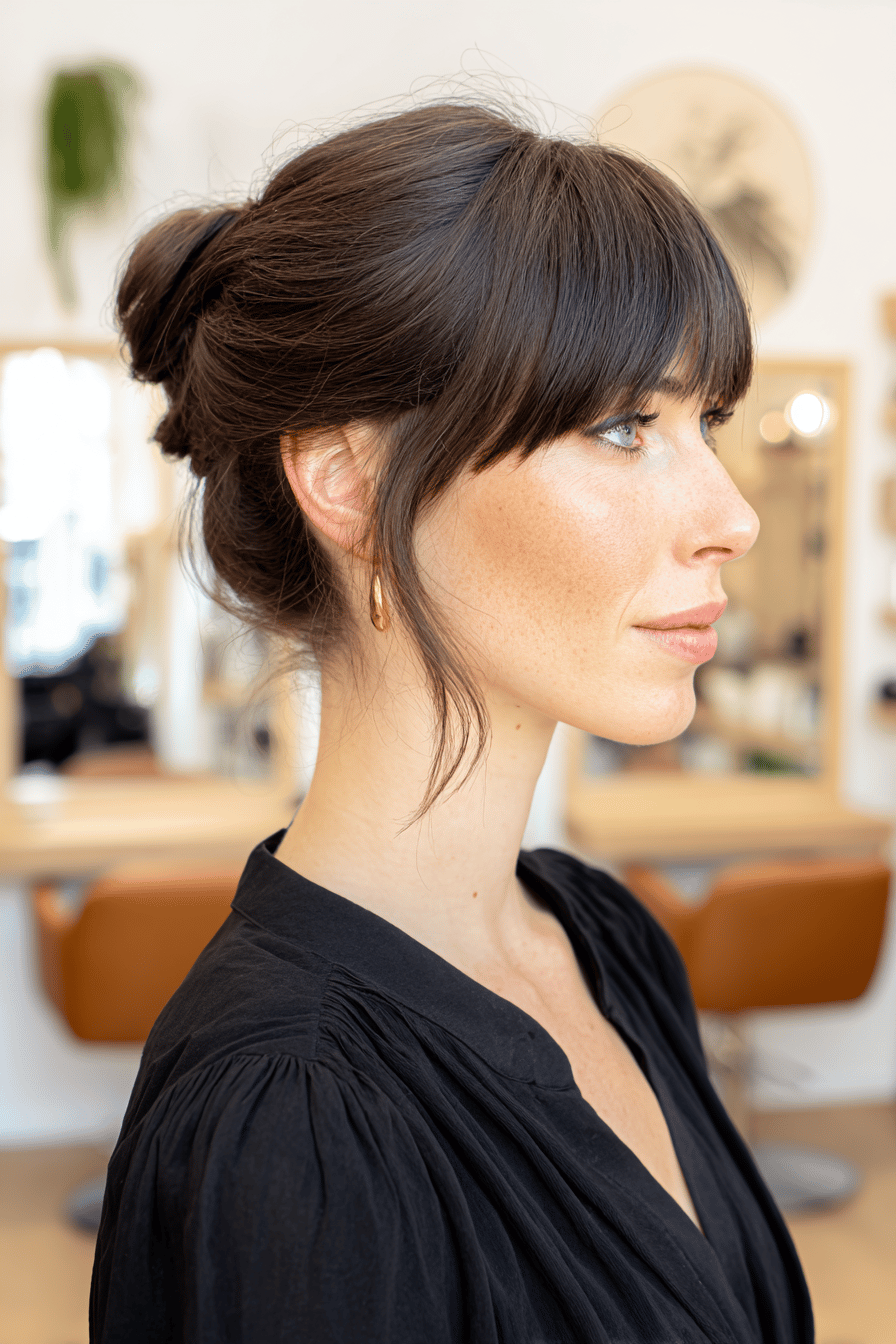 Seitenansicht einer Frau mit Hochsteckfrisur und Pony in einem Friseursalon.