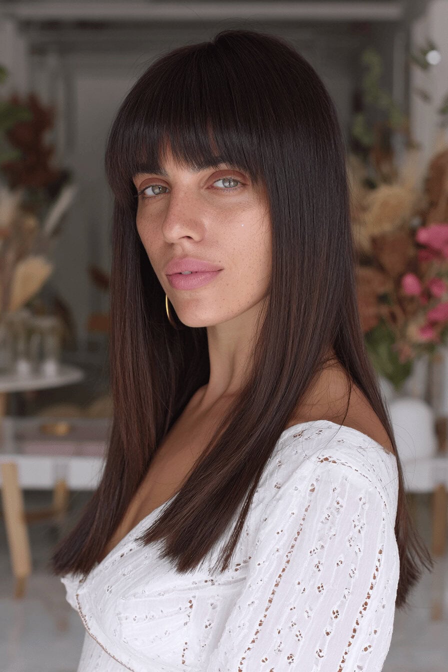 Frau mit glattem, mittellangem Haar und einem geraden Pony.