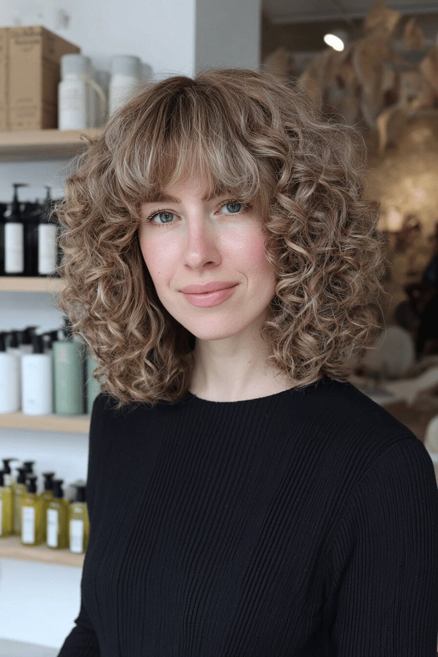 Frau mit krausem Haar und Pony, in einem Salon stehend.