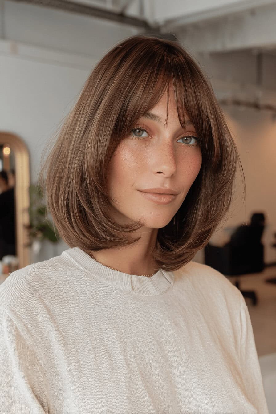 Frau mit langem Bob und Pony in einem modernen Friseursalon.