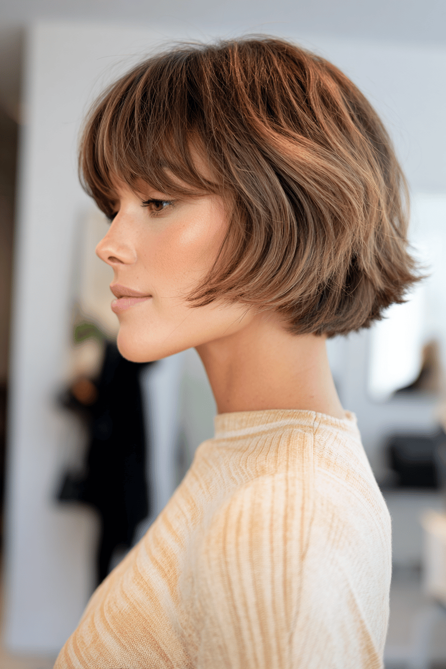 Seitenansicht einer Frau mit Layered Cut und Pony.