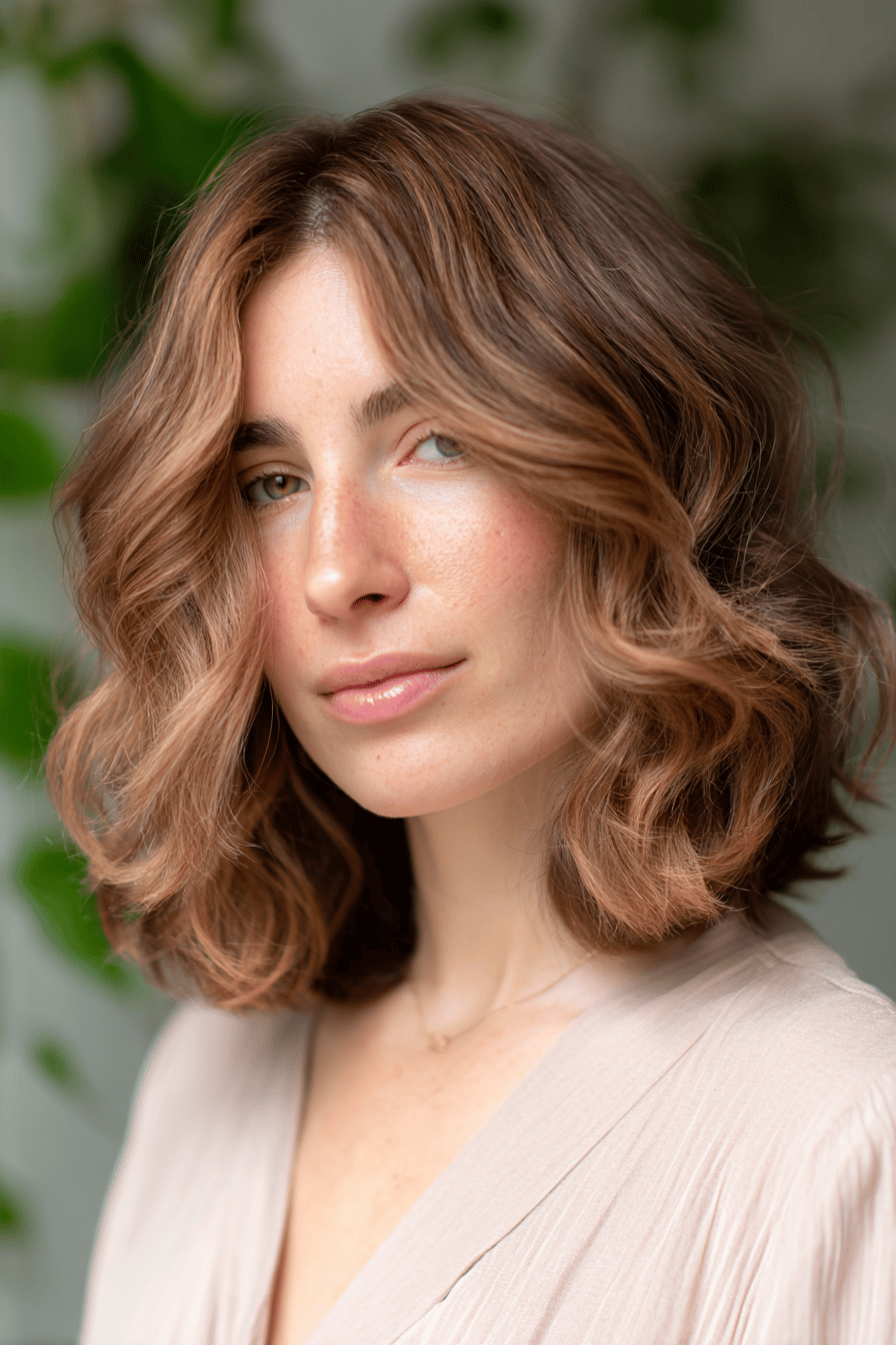 Frau mit romantischen Locken und Mittelscheitel.