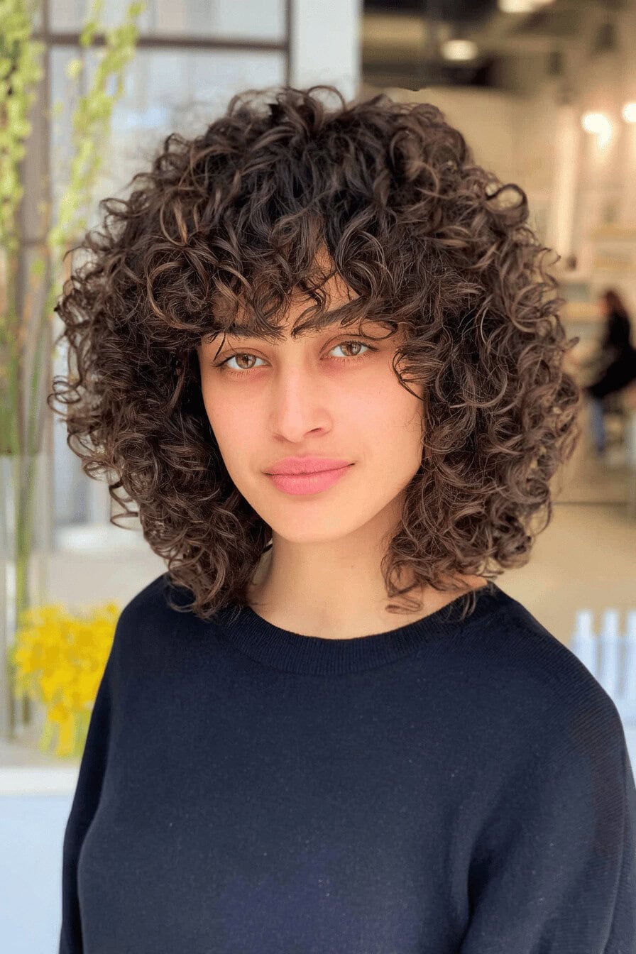 Person mit lockigen Haaren und Pony.