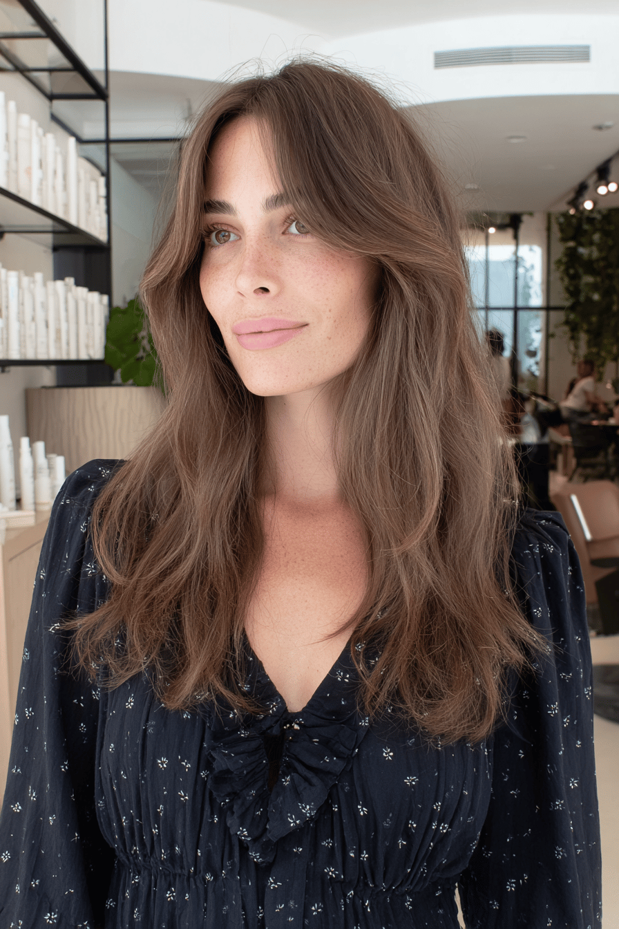 Frau mit langen, gewellten Haaren und Mittelscheitel im Friseursalon
