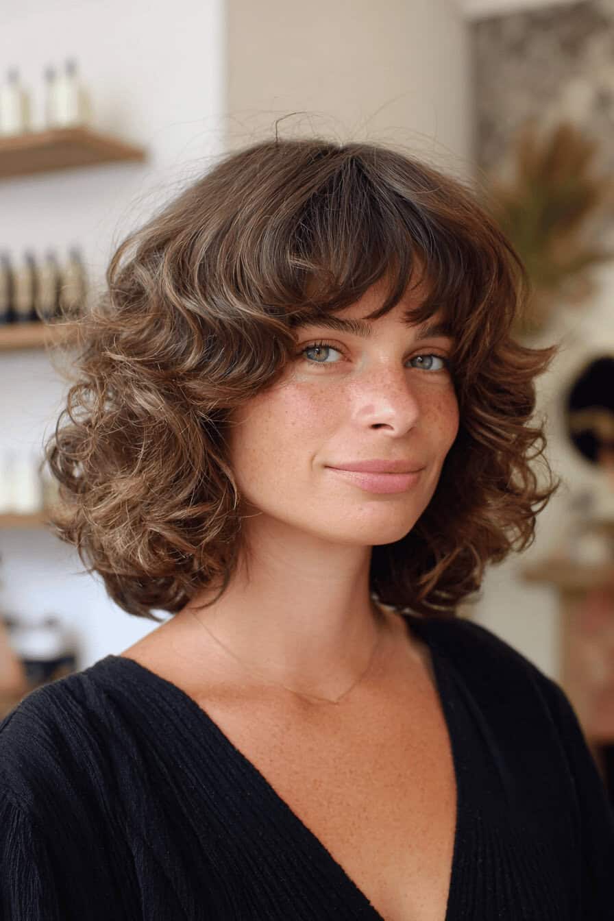 Frau mit lockiger Frisur und Pony in einem Friseursalon.