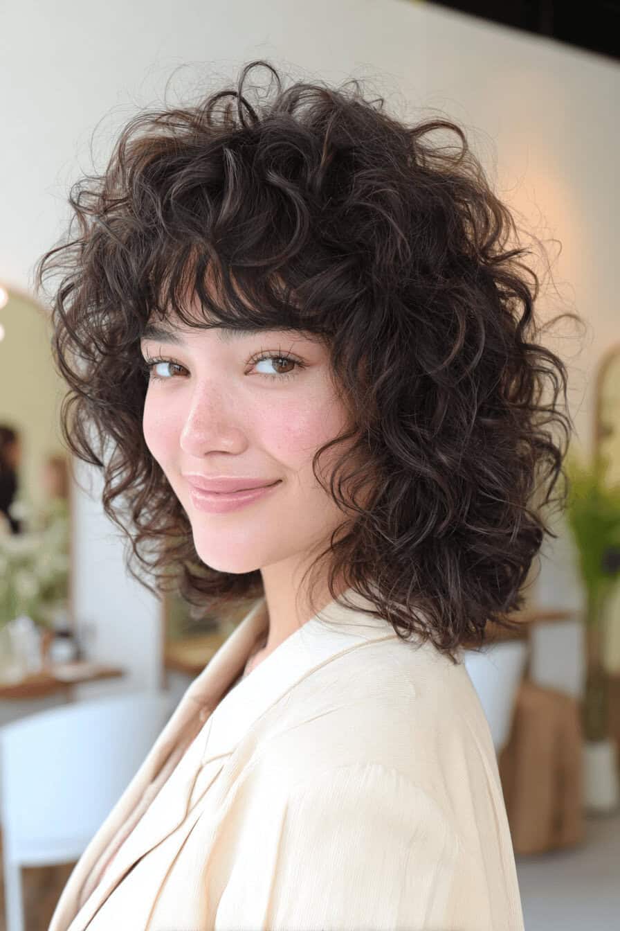 Frau mit lockigem Lob und Pony, die in einen Spiegel schaut.