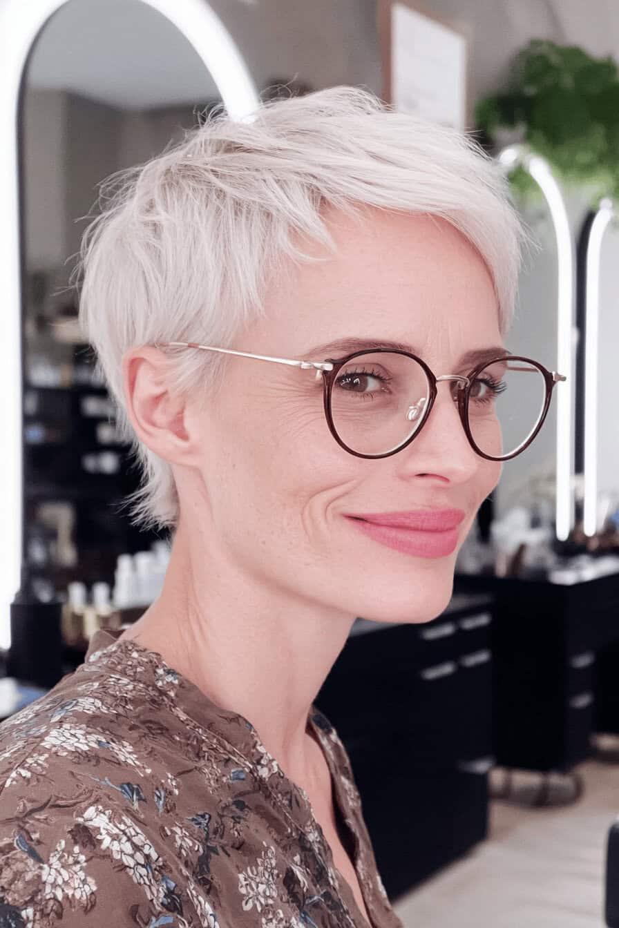 Person mit kurzem, weißem Micro-Pony-Haarschnitt und rundlicher Brille.